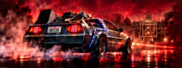 DeLorean surrounded by red lights and smoke